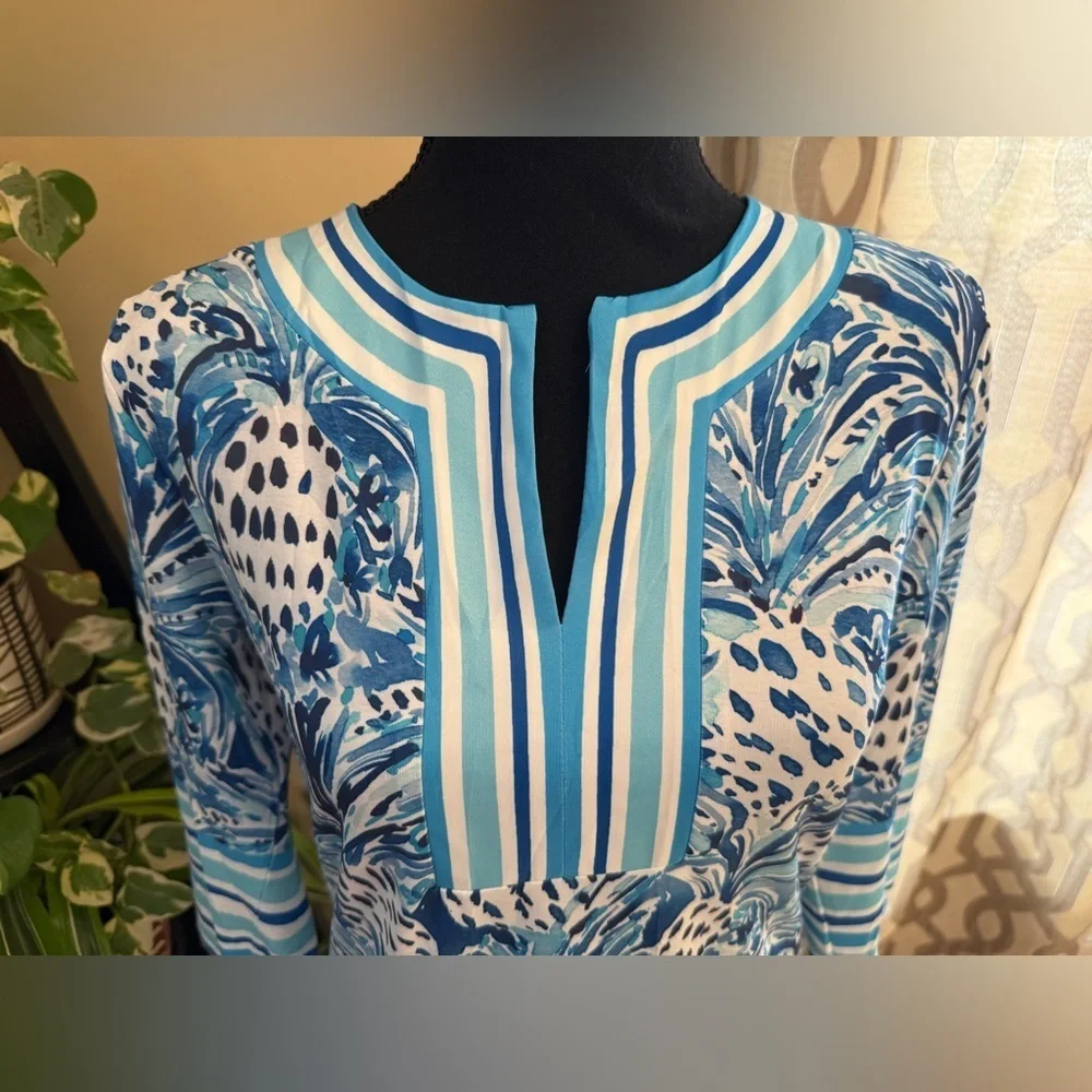 Jean-Pierre Klifa Paris 3/4 Sleeve Sheath Dress Pineapple Blue Green Women Sz XS - Picture 2 of 14